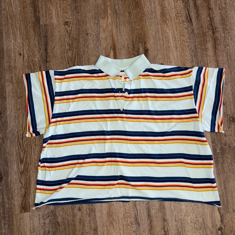 THE GREAT. Mint Striped Polo Tee with Navy, Red and Orange Stripes 1 - Picture 3 of 12